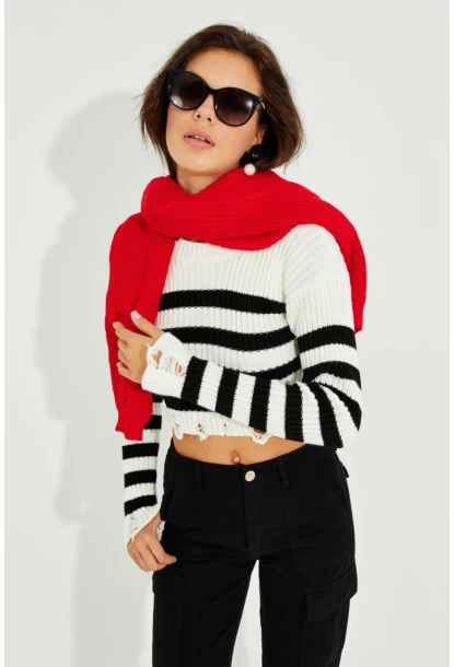 Kadın Ekru-Siyah Çizgili Yırtık Crop Kazak SF2200