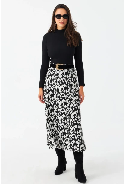 Kadın Ekru-Siyah Desenli Çan Etek MLON1000