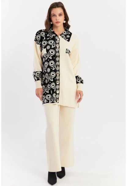 Kadın Ekru-Siyah Desenli Triko Alt Üst Takım NUV1066