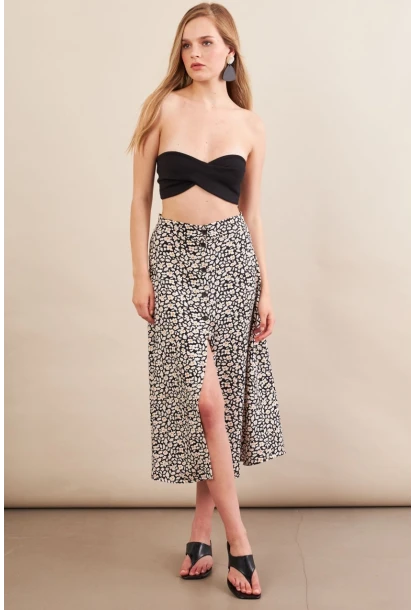 Kadın Ekru-Siyah Düğmeli Midi Etek SH60