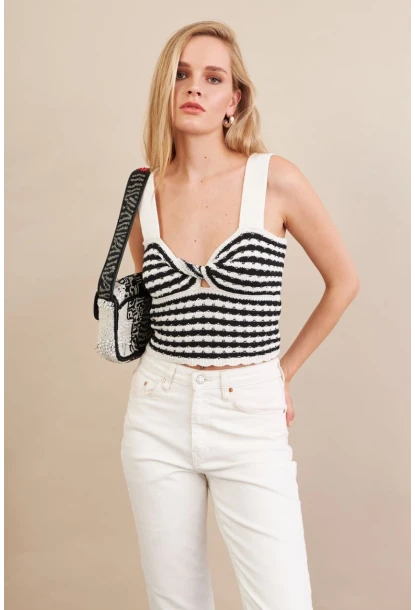 Kadın Ekru-Siyah Dügümlü Triko Bluz ZH03-90