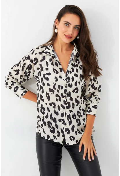 Kadın Ekru-Siyah Leopar Desenli Saten Gömlek SHR9
