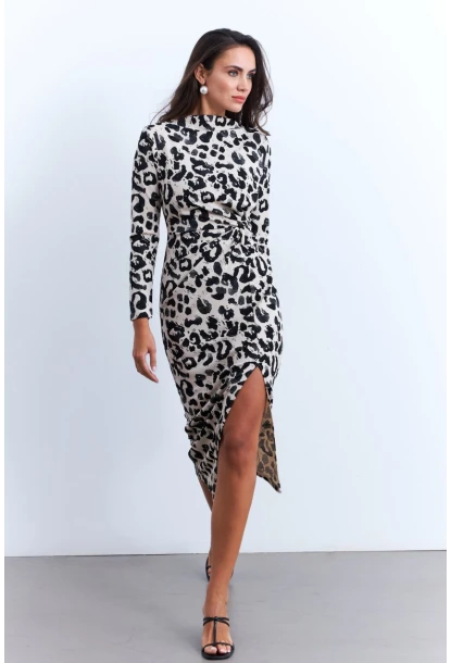 Kadın Ekru-Siyah Önü Düğümlü Desenli Midi Elbise MKED5006