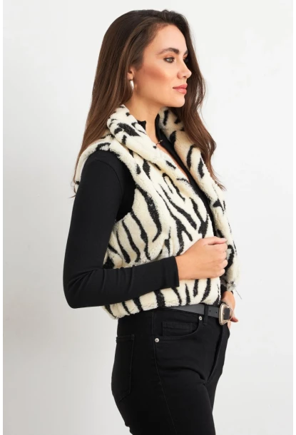 Kadın Ekru-Siyah Peluş Desenli Kısa Yelek ELT1118