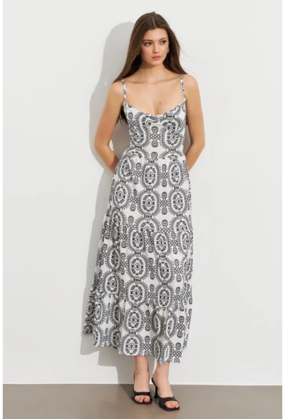 Kadın Ekru-Siyah Sırt Dekolteli Desenli Maxi Elbise LİT110