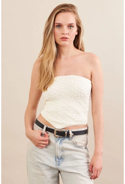 Kadın Ekru Straplez Triko Crop Bluz ZH049