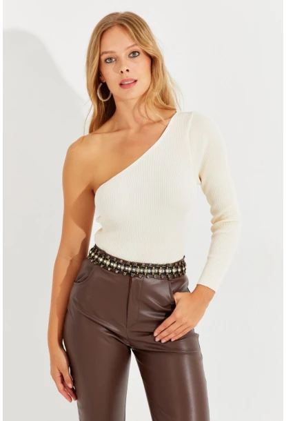 Kadın Ekru Tek Omuz Triko Bluz YV204