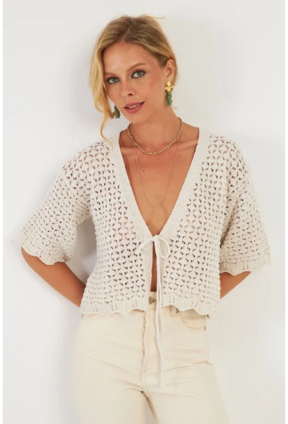 Kadın Ekru Triko Ajurlu Hırka YV255