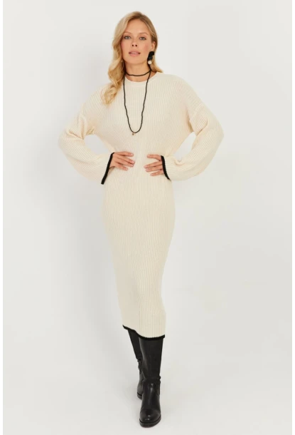 Kadın Ekru Triko Maxi Elbise SF2538