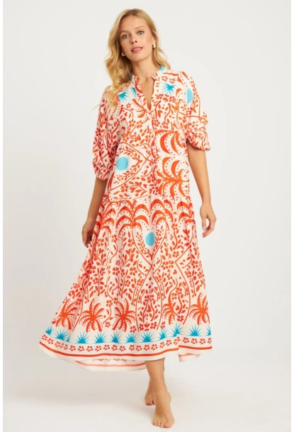 Kadın Ekru-Turuncu Desenli Midi Elbise MGÇ169