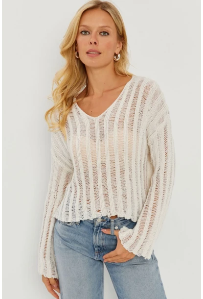 Kadın Ekru V Yaka Ajurlu Triko Bluz YV233