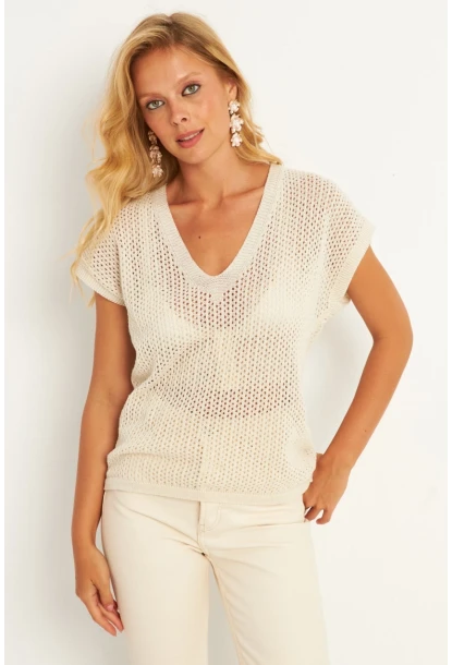 Kadın Ekru V Yaka Fileli Bluz SMT230