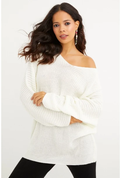 Kadın Ekru V Yaka Salaş Oversize Triko Tunik SMT158