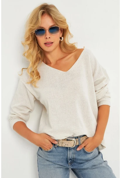 Kadın Ekru V Yaka Triko Bluz YV282