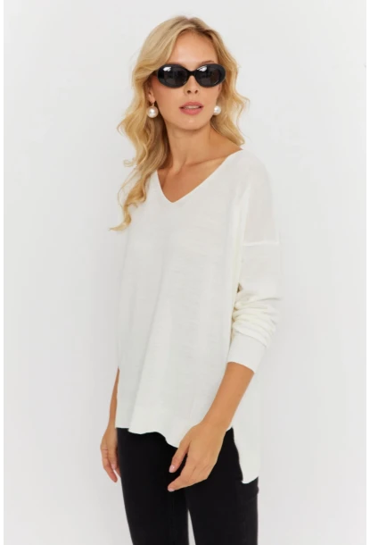 Kadın Ekru V Yaka Triko Kazak YİL549