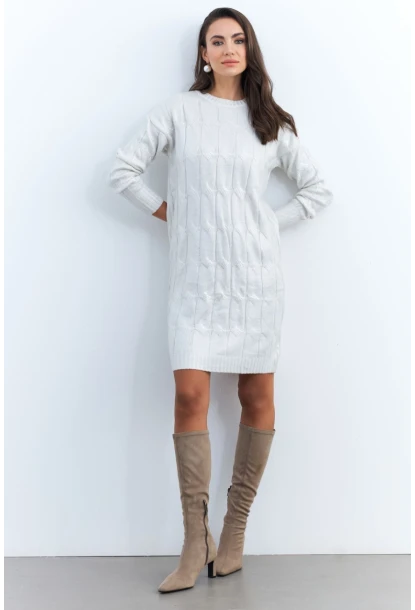 Kadın Ekru Varaklı Triko Midi Elbise NAR446