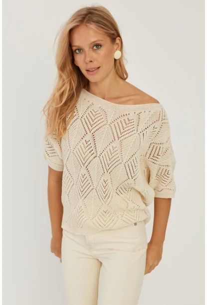 Kadın Ekru Yarasa Kol Ajurlu Triko Bluz YZ621