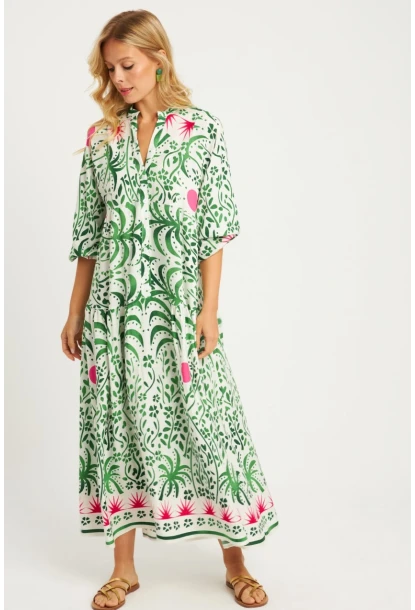 Kadın Ekru-Yeşil Desenli Midi Elbise GÇ169