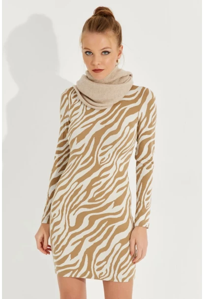 Kadın Ekru Zebra Desenli Mini Elbise AYD249