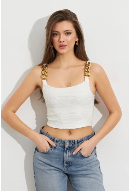 Kadın Ekru Zincir Askılı Astarlı Crop Bluz LİT109