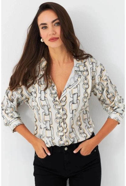 Kadın Ekru Zincir Desenli Saten Gömlek SHR9