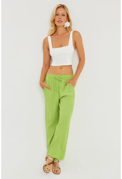 Kadın Fıstık Yeşil Beli Lastikli Bürümcük Pantolon ZER405