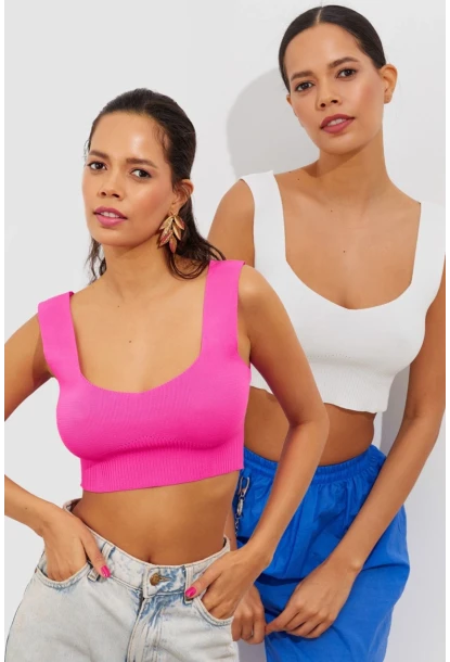 Kadın Fuşya-Beyaz İkili Triko Crop Atlet YV134