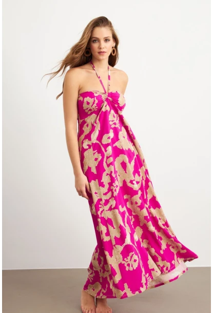 Kadın Fuşya Büzgülü Desenli Midi Elbise KAB304