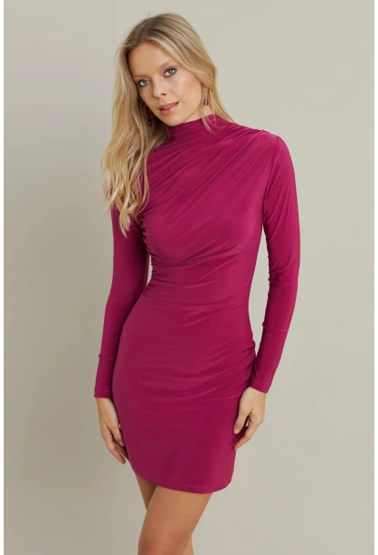 Kadın Fuşya Büzgülü Dik Yaka Mini Elbise ELT3138-90