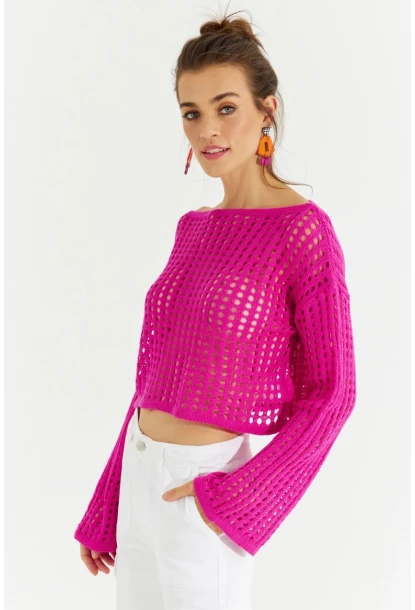 Kadın Fuşya İspanyol Kol Ajurlu Triko Kısa Bluz SMT181