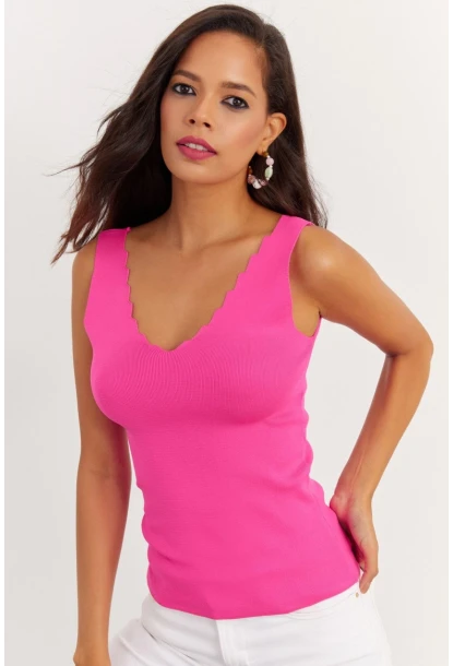 Kadın Fuşya Merdiven Yaka Triko Bluz YV83