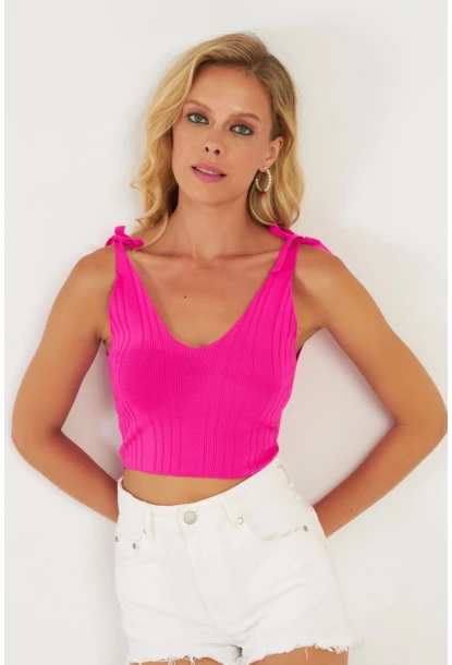 Kadın Fuşya Omuzları Bağlamalı Triko Bluz YV260