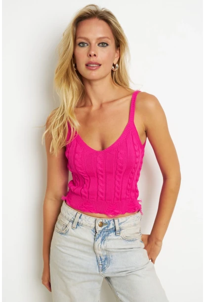 Kadın Fuşya Örgülü V Yaka Triko Bluz KAZ05