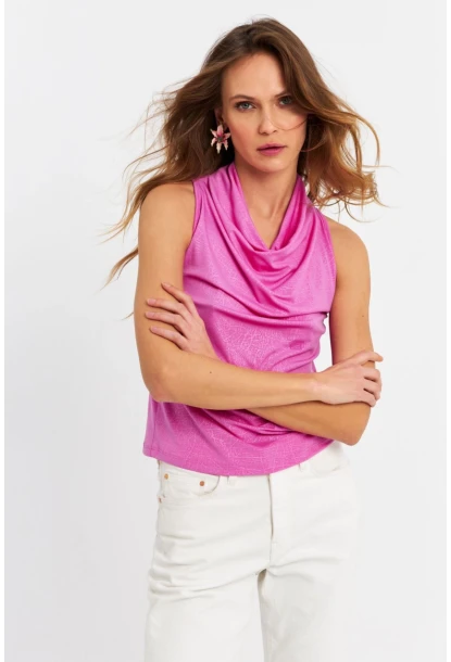 Kadın Fuşya Sırt Pencereli Desenli Bluz LPP1021