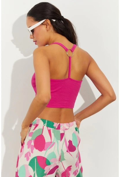 Kadın Fuşya Sırtı Halkalı Kaşkorse Crop Bluz B2552