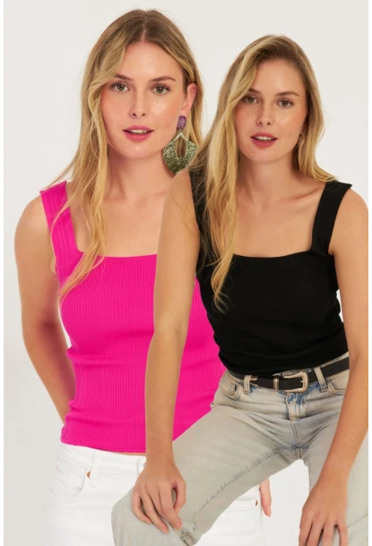 Kadın Fuşya-Siyah İkili Kare Yaka Triko Bluz SMT226