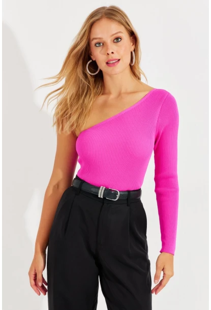 Kadın Fuşya Tek Omuz Triko Bluz YV204