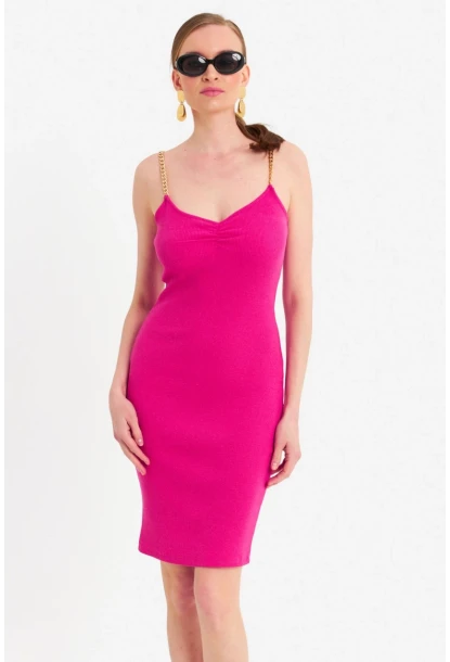 Kadın Fuşya Zincir Askılı Kaşkorse Midi Elbise UR204