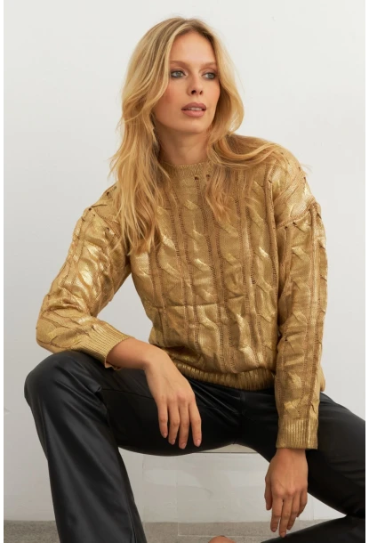 Kadın Gold Rengi Saç Örgülü Vatkalı Triko Bluz RM618