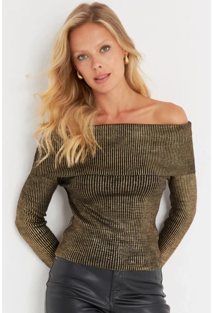 Kadın Gold Rengi Varaklı Madonna Triko Bluz SF2523