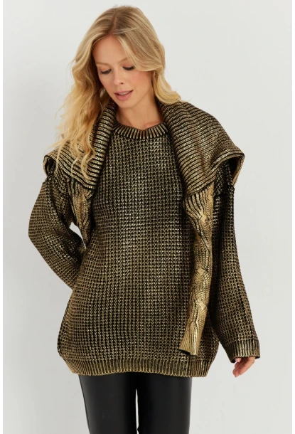 Kadın Gold Rengi Varaklı Triko Kazak SF2534