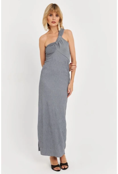 Kadın Gri Asimetrik Yaka Maxi Elbise NH25455