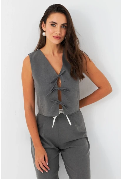 Kadın Gri Bağlama Detaylı Astarlı Yelek ELA6645