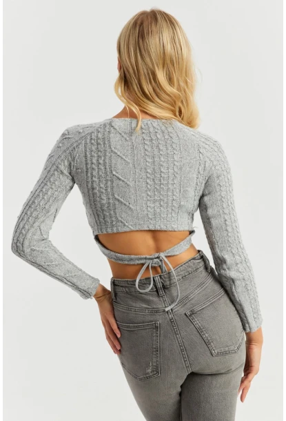Kadın Gri Bel Bağlamalı Crop Kazak CY443