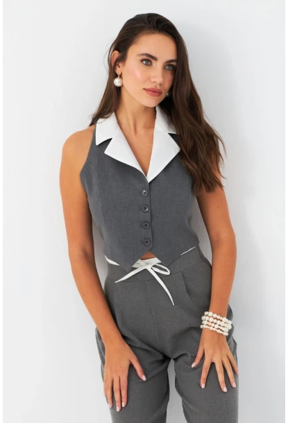 Kadın Gri-Beyaz Yaka Detaylı Astarlı Yelek ELA6823