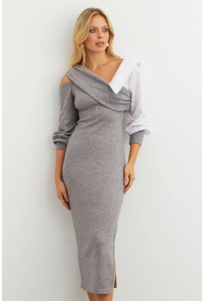 Kadın Gri Blok Kumaşlı Asimetrik Yaka Maxi Elbise KED4469