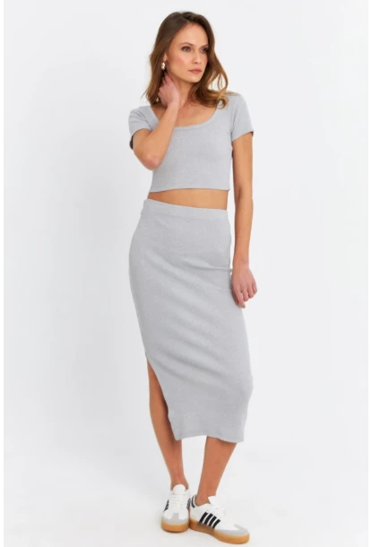 Kadın Gri Crop Etek Takım OR2060