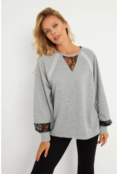 Kadın Gri Dantel Detaylı Sweatshirt EY2906