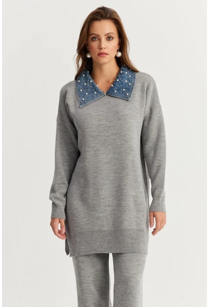 Kadın Gri Denim Yakalı İncili Alt Üst Triko Takım NUV22