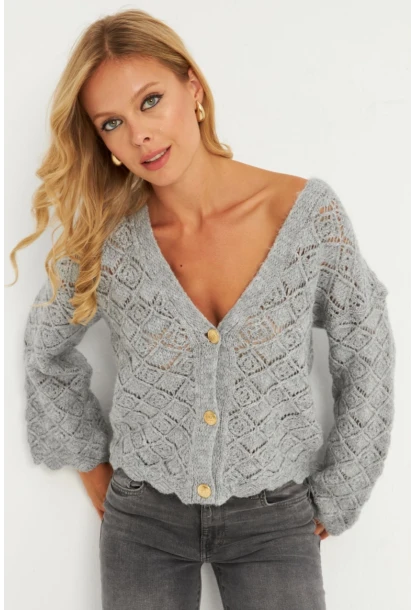 Kadın Gri Düğme Detaylı Hırka YV276